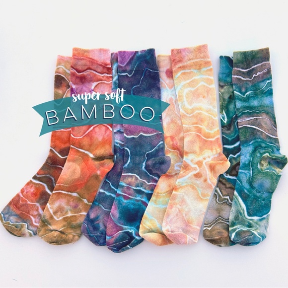 Red Purple Geode Ice Dye Socks Bamboo Tie Dye Sunset Storm Socks Hand Dyed Crew - Picture 3 of 3